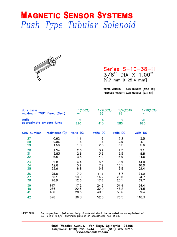 Tubular Push Type Solenoid  S-10-38-H  Page 1