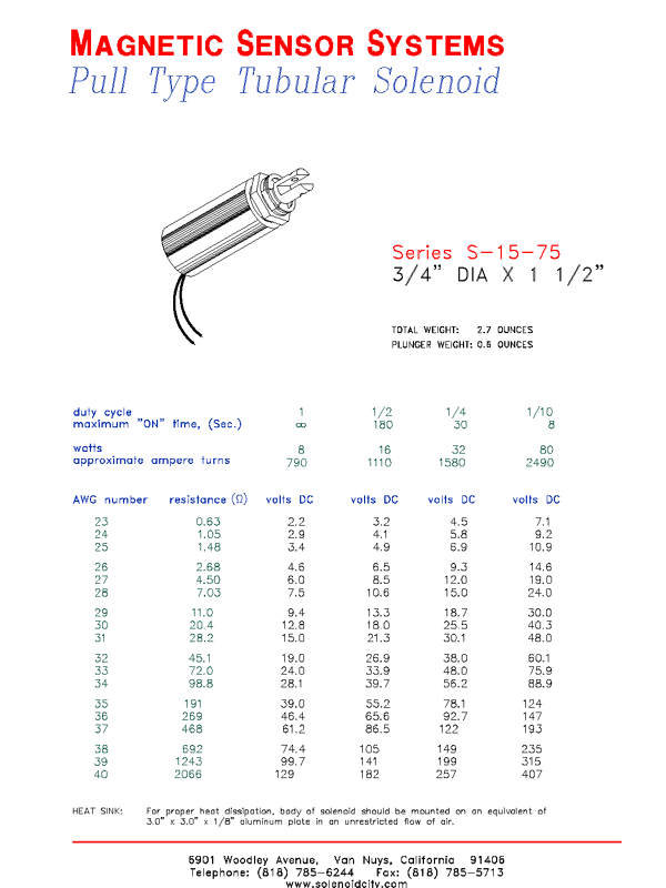 Tubular Pull Type Solenoid  S-15-75  Page 1