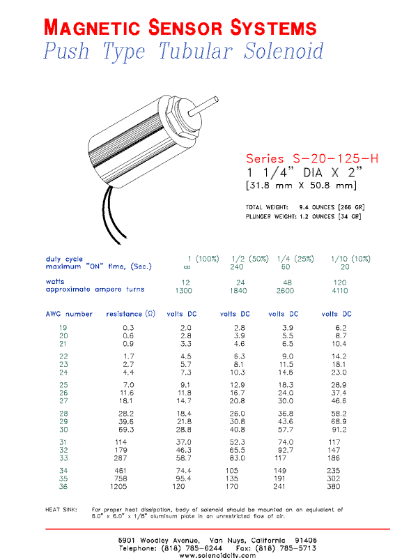 Tubular Push Type Solenoid  S-20-125-H  Page 1