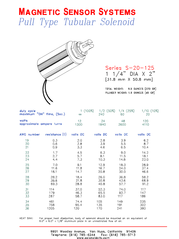 Tubular Pull Type Solenoid  S-20-125  Page 1