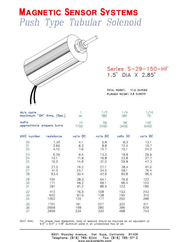 Tubular Push Type Solenoid  S-29-150-HF  Page 1